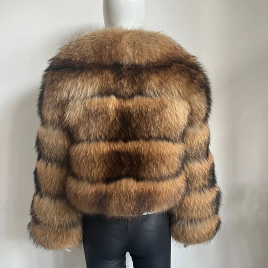 BEIZIRU Women's Real Raccoon Fur Coat with Big Turn-down Collar Winter Long Sleeve Natural Luxury Fashion Outerwear