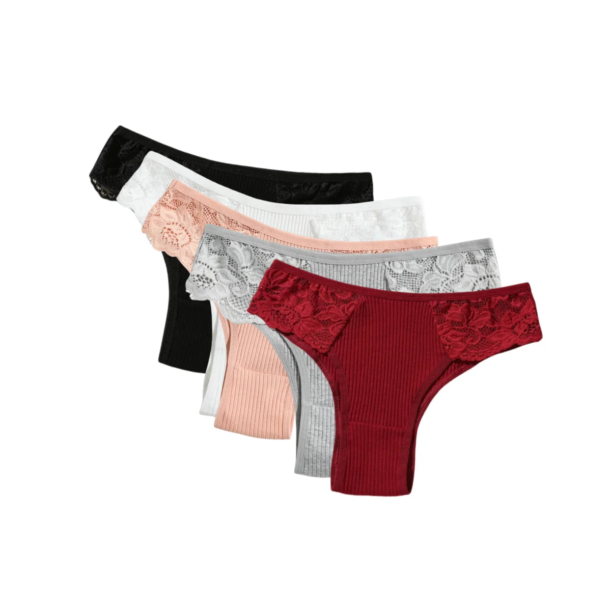 5Pcs/Set Women Cotton Panties Floral Lace Side Panel Low Rise Rib Briefs Low Cut Underwear Comfort Sexy Lingerie Daily Bikini