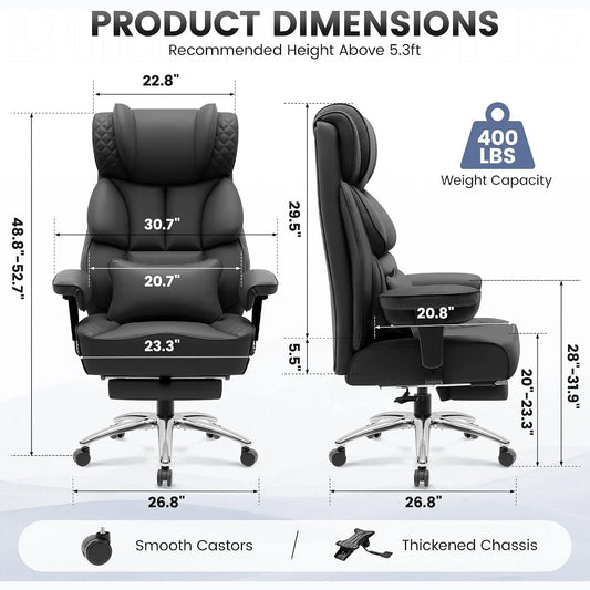 Office Desk Chair, Big and Tall Leather Gaming Chair with Footrest, Ergonomic Comfy Executive High-Back Reclining Computer