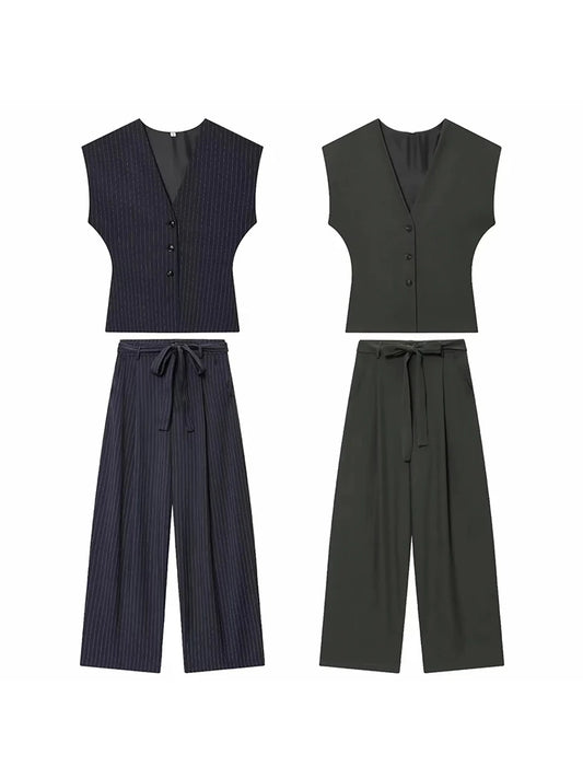 Women Fashion 2-Piece Set Single-breasted Sleeveless V-Neck Pinstripe Vest+Summer Pleated Loose Pocket Belt Zipper Pants