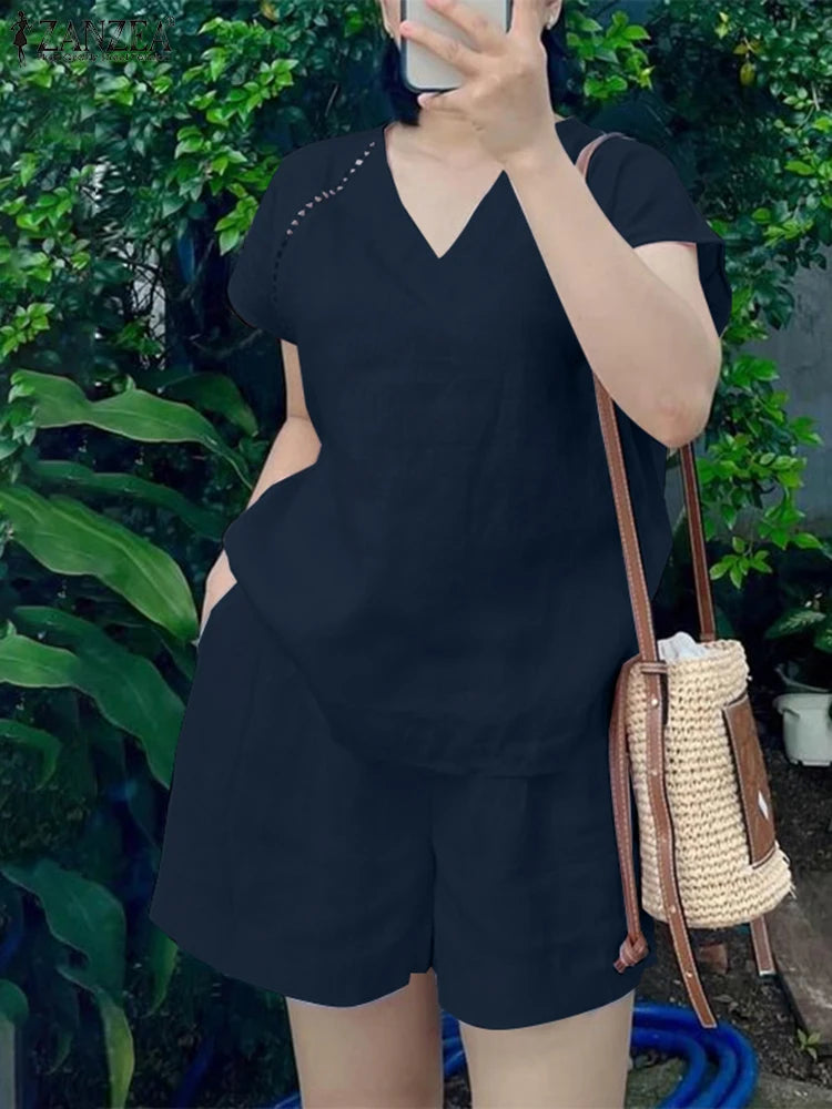 2025 ZANZEA Women's Short Sets Summer Lace Insert Short Sleeve V Neck T-shirt and Elastic Waist Shorts Casual 2-Pieces Suits