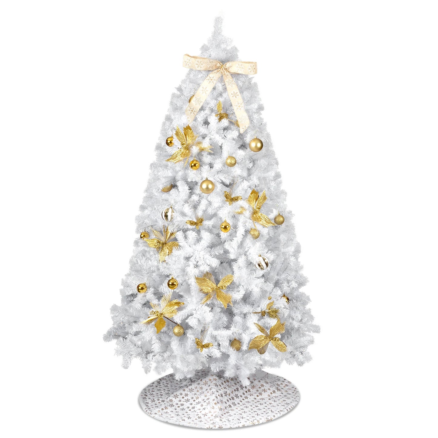 7.5FT White Pre‑lit Artificial Christmas Tree, Hinged Xmas Tree with 400 Warm White LED Lights Remote Control, 1600 Branch Tips with Tree Skirt Bow Gold Ornaments for Home Holiday Decor