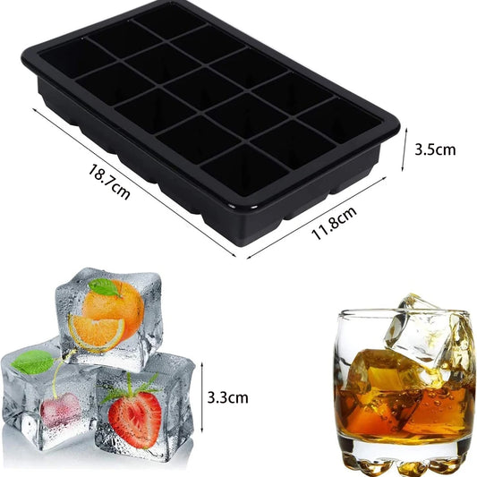 15 Grid Silicone Ice Cube Molds Reusable Big Ice Tray Mold Durable Ice Mould with Lid for Bar Pub Whiskey Cocktail