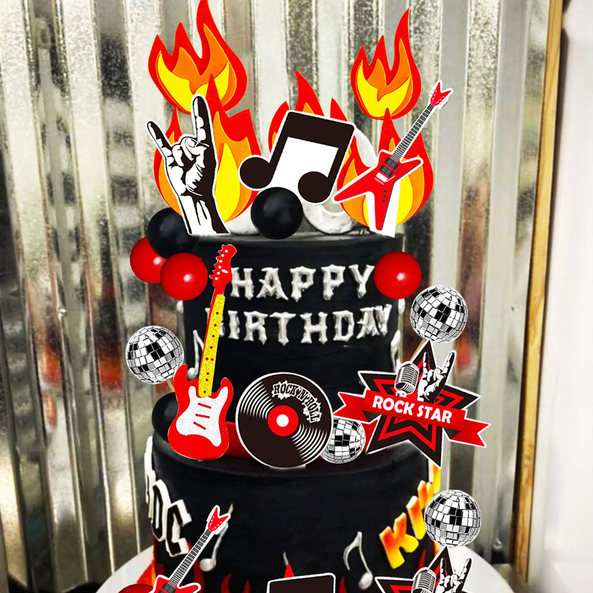 LaVenty Rock Music Cake Topper Black Red Balls Guitar Cake Toppers Music Notes Balls Cake Decoration for Musician Birthday Party