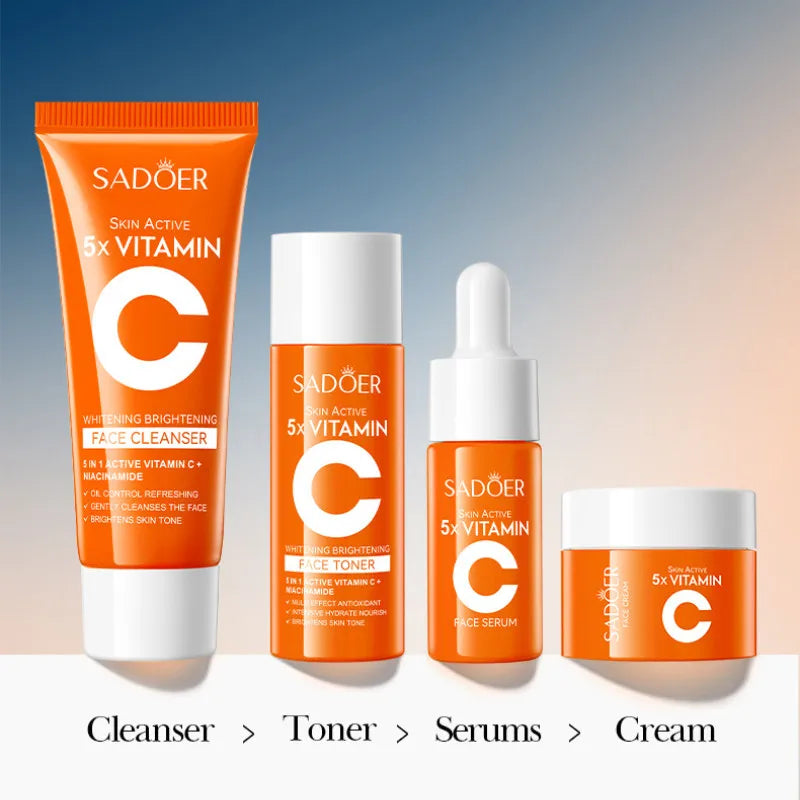 4pcs/box SADOER 5x Vitamin C Kit Whitening Moisturizing Travel Set(Facial Cleanser, Toner, Serum, Face Cream)