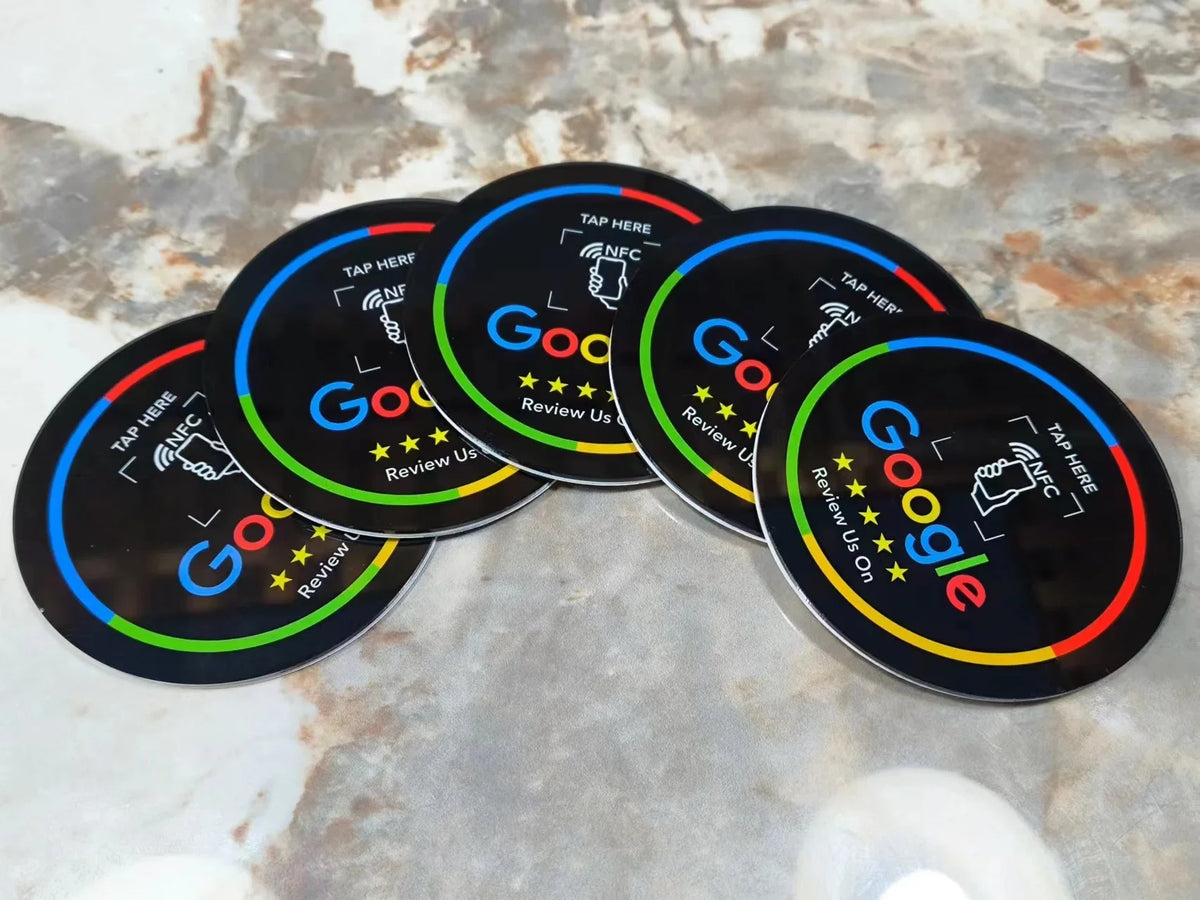 13.56MHz Programmable Acrylicl with Self-adhesive Backing NFC Table Sticker Diameter 10CM Google Reviews NFC Sticker NFC 215