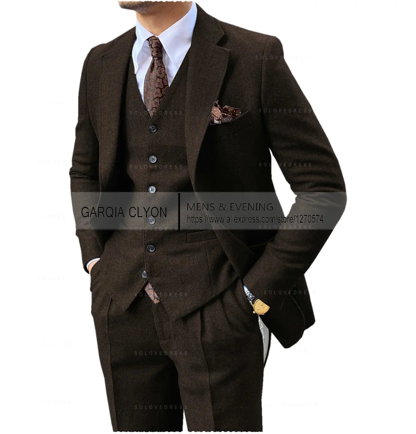 3 Pieces Men's Suits Tweed Herringbone Slim Fit Business Cauasl Waistcoat Jacket Groomsmen Wedding Suits(Blazer+vest+Pants)