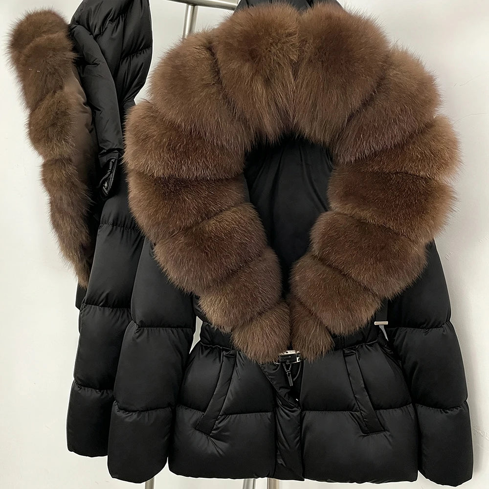 OFTBUY New Fashion Winter Clothes Women Duck Down Coat with Big Natural Fur Collar Belt Hooded Real Fox Fur Puffer Jacket Female