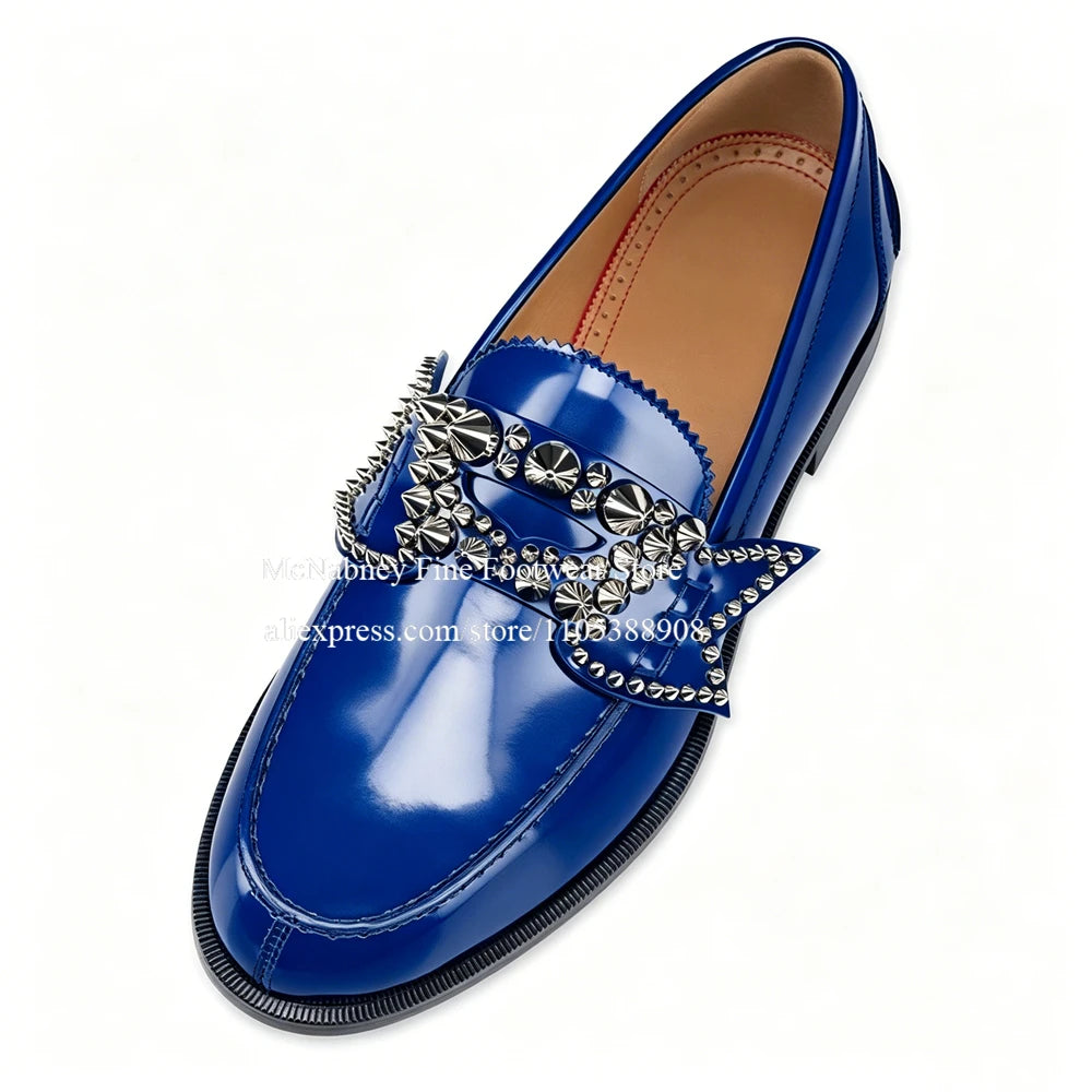 Glossy Silver Spiked Leather No Penny Loafers Men Round Toe Studded Bow Decor Slip on Dress Shoes Party Nightclub Street Shoes