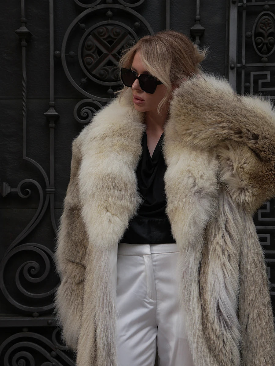 Women Winter Faux Fur Coat Long Fluffy Beige Old Money Style 2026 New Lapel Collar Elegant Warm Luxury Outerwear