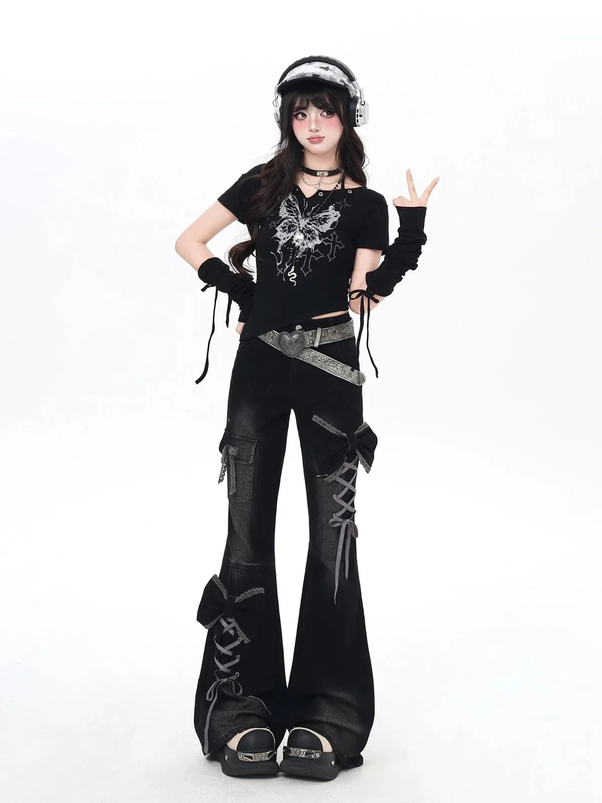 Y2K Bow Jeans Women 3D Design High Waist Slim Fit Flared Pants Spicy Girl