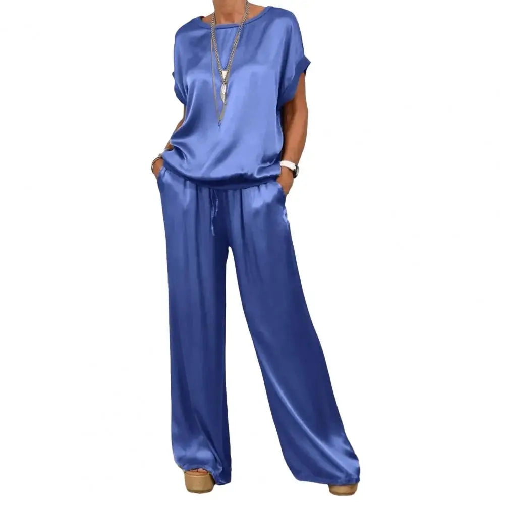 Simple Satin Women's Suits Summer Fashion Short Sleeve Loose Blouse Wide Leg Pants Two Piece Set For Women Casual Outfits