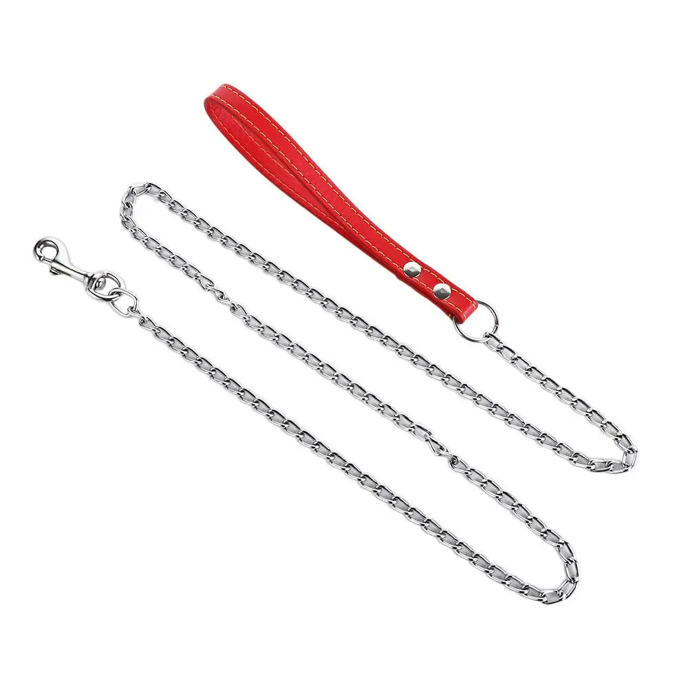 Heavy Duty Metal Chain Dog Lead With Leather Handle Long Strong Control Leash Outdoor Pet Traction Rope Anti Bite Chain Supplies