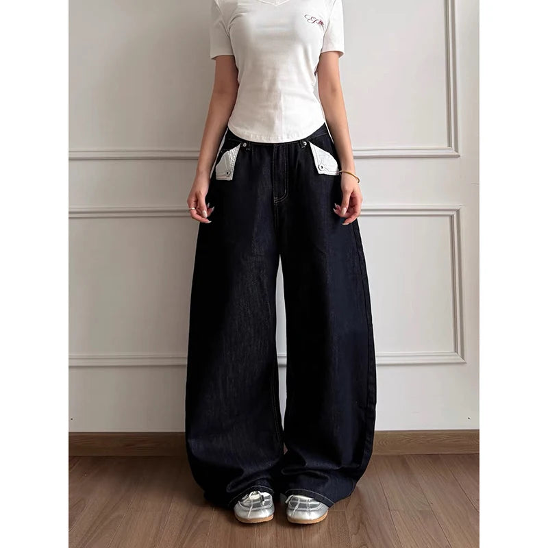 YIBASHU Women Jean Baggy Black Wide Fit Denim Pants Boyfriend Punk Grunge Y2K Japanese Harajuku 2000s High Street American Retro