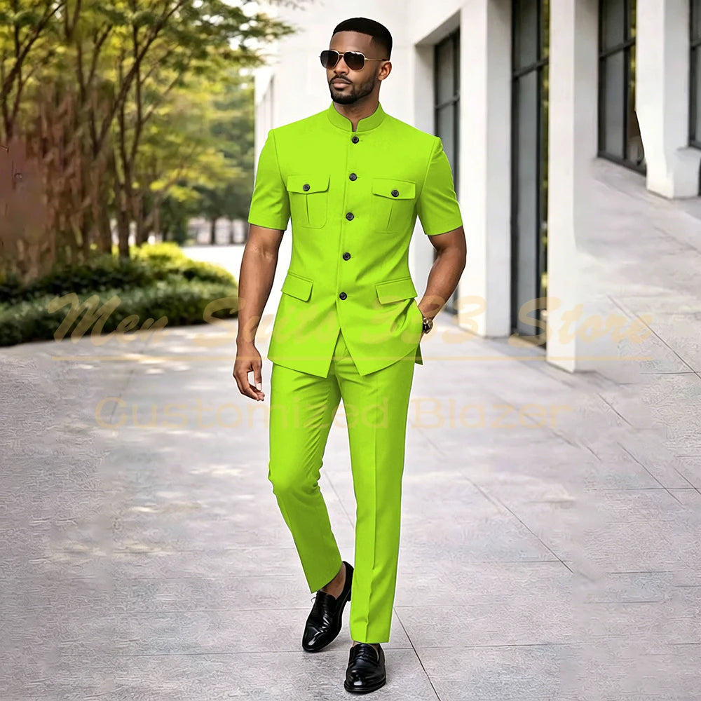 Summer Safari Men's Suits Fashion Regular Fit Short Sleeve Blazer Elegant Luxury Single Breasted 2 Piece Jacket Pants Outfits