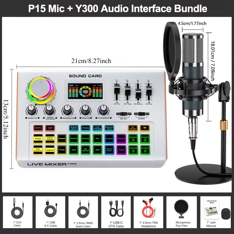 Tenlamp Y300-P15B Professional Podcast Equipment Bundle Kit for 4 People, Studio Sound Card with 3.5mm Condenser Mic for PC Smartphone Laptop Computer , Live Audio Mixer Voice Changer for Streaming Singing Gaming Recording V