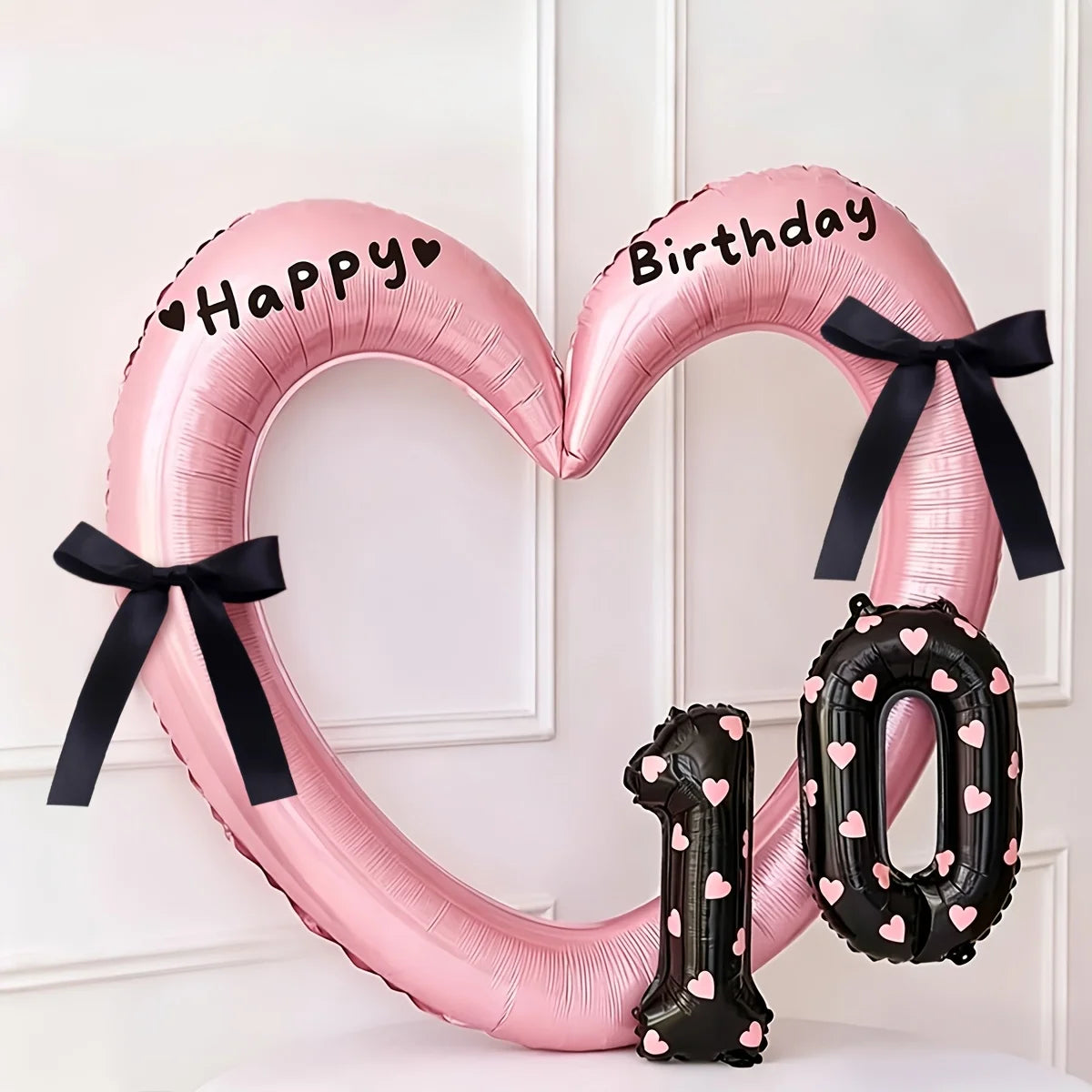7Pcs 16inch Black Number Hollow-Out Heart Balloons and Heart Stickers Set, Includes 2 Number Balloons, 2 Stickers, 1 Glue Stick, 2 25cm Ribbons, for Birthday Parties, Wedding Anniversary Celebrations, Holiday Decorations