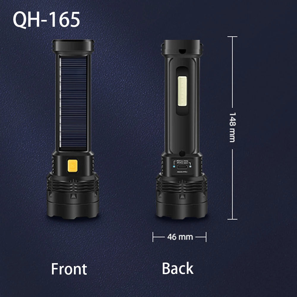 High Power LED Flashlight With Side Light Solar Powered Hand Lantern USB Rechargeable Strong Torch For Outdoor Camping Fishing