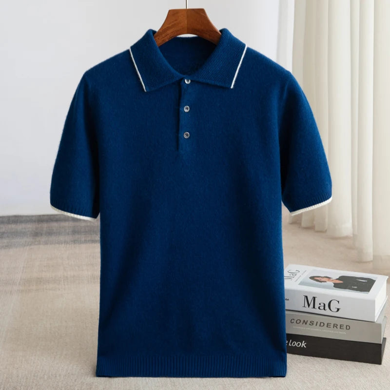 100% Merino Wool Men's Lapel Short Sleeved Sweater T-Shirt New Knitted Casual Business Men's Pullover Sweater Wool T-Shirt Summe
