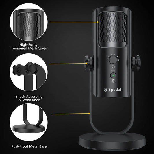 USB Microphone for PC Mac Gaming Recording Stream Podcast, Computer Condenser Mic with Phone Adapter Headphone Output