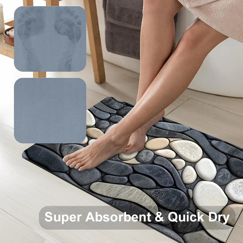 Pebble Pattern Diatomite Rug Floor Mats Absorbent Kitchen Doormat Non-Slip Bathroom Living Room Mat 2D Rubber Backing Carpet