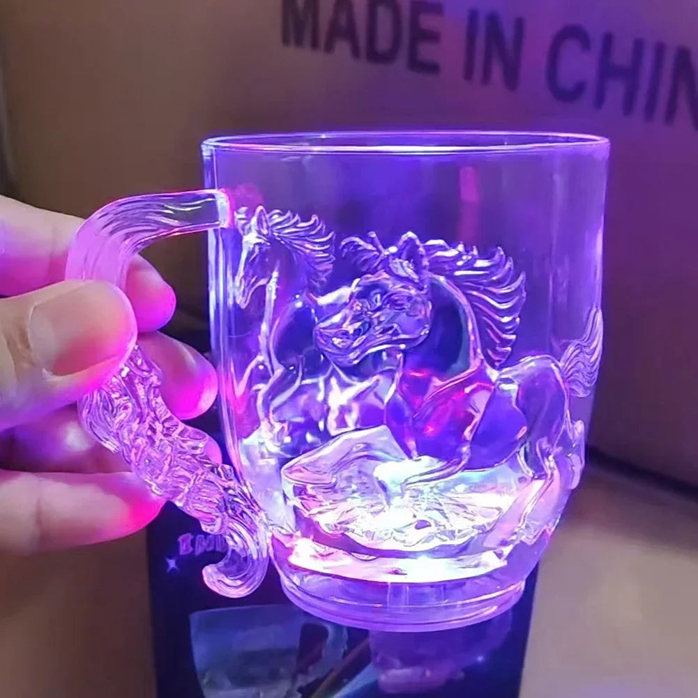 1Pc LED Flash Magic Color Changing Horse Cup Water Activated Light-Up Beer Coffee Milk Tea Wine Whisky Bar Mug Travel Gift