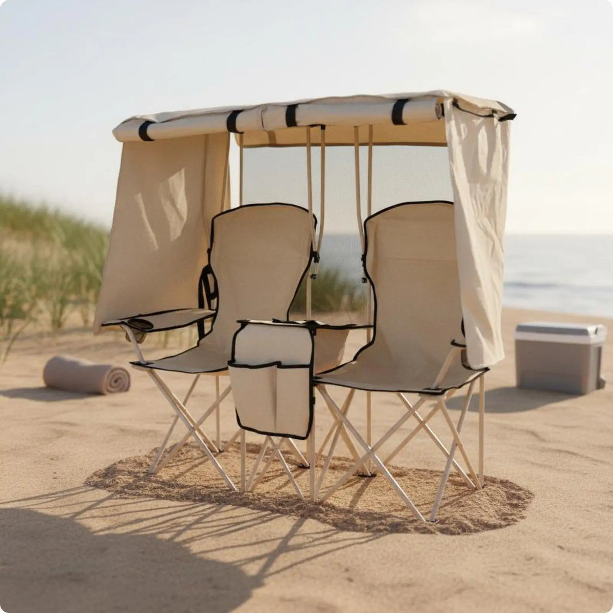 Portable Double Leisure Chair with Umbrella Folding Outdoor Loveseat for Camping Garden Patio Fishing