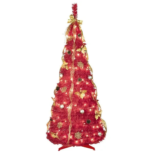 6FT Prelit Full Pop Up Christmas Tree with 150 Warm LED Lights, Gold and Red Ribbon, Bows, Balls Ornaments Easy Assemble Collapsible Xmas Trees Holiday Party Decor