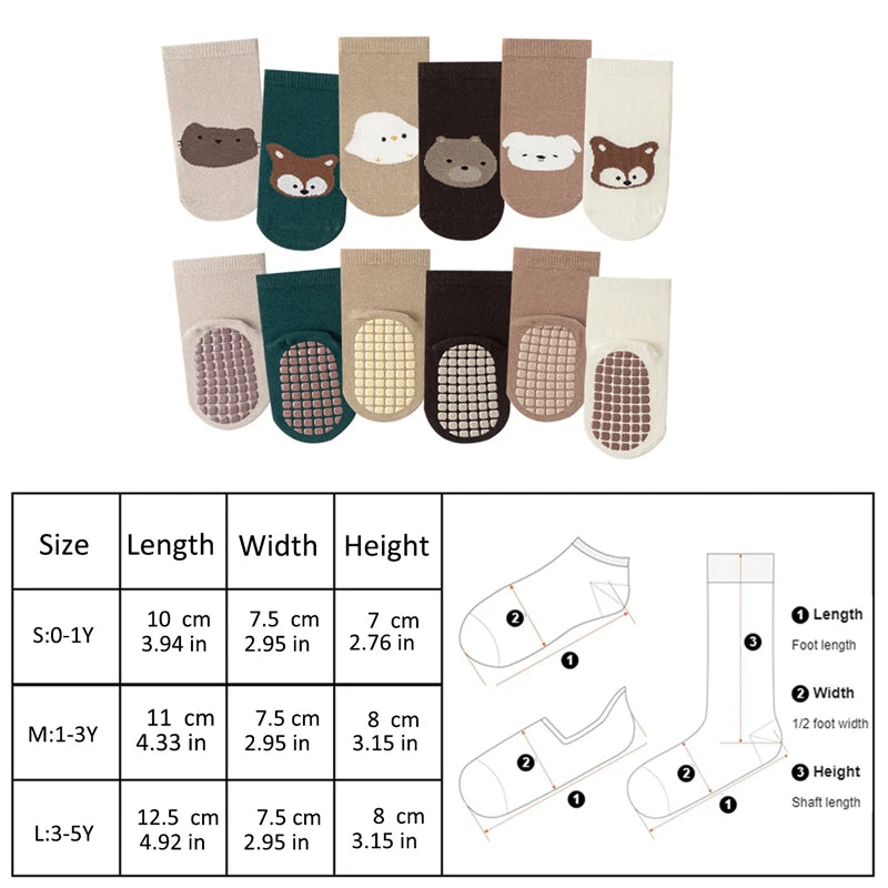 6 Pairs Cartoon Animal Baby Glue-On Socks, Kid's Anti-Slip Trampoline Socks, Suitable for Babies When They Are Learning to Walk