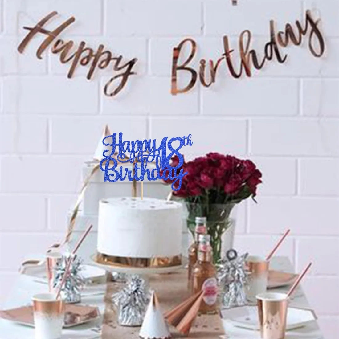 1Pack Happy 18th Birthday Cake Topper,Cheers to 18 Years Cake Decor, Funny 18th Birthday Decorations Supplies Blue Glitter