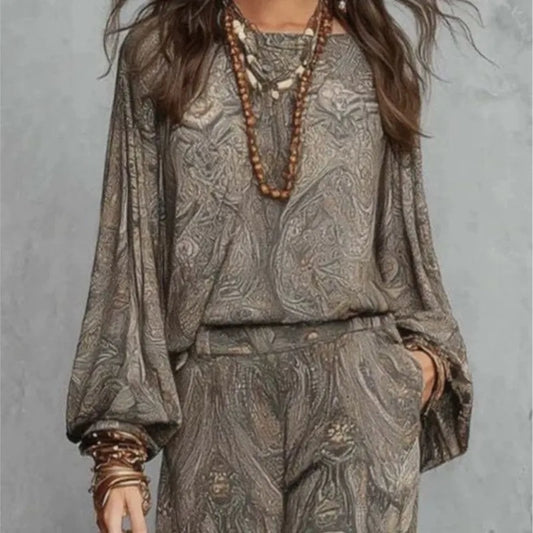 Boho Paisley Print Two-Piece Set for Women Sexy V-Neck Long Sleeve Blouse Top Wide Leg Pants Summer Casual Loose Suit Female Set