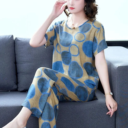 Women Summer Sets NEW Middle Aged Elderly Mother Cotton Silk Suit Casual Print Short Sleeve Top + Pants 2 Piece Set Femme Outfit