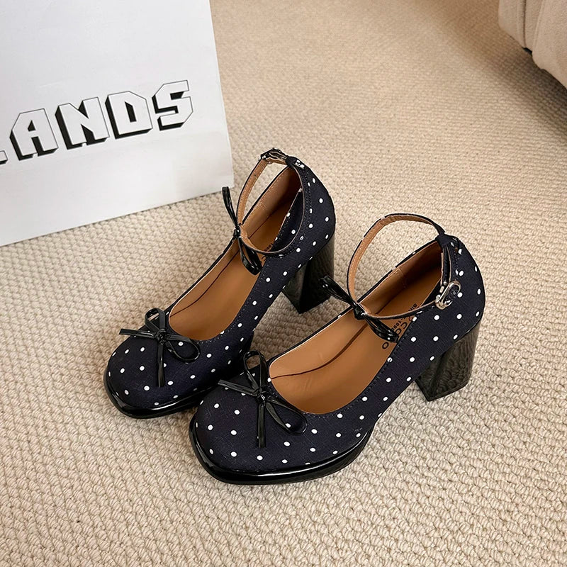 Thick Heel Polka Dot Women Mary Jane Shoes Concise Ankle Strap Shoes 2026 Spring Women's Elegant Butterfly-knot Dress Pumps