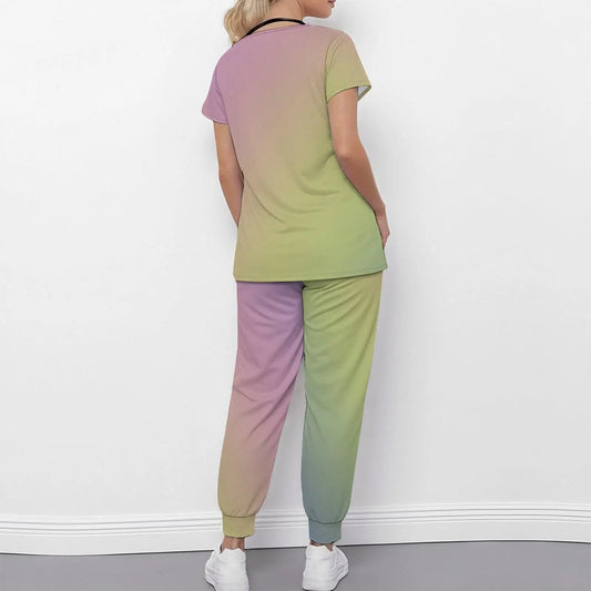 Plus Size Fashion Print Two Piece Set for Women Exercise V-Neck T-shirt Casual Commuting Jogging Pants
