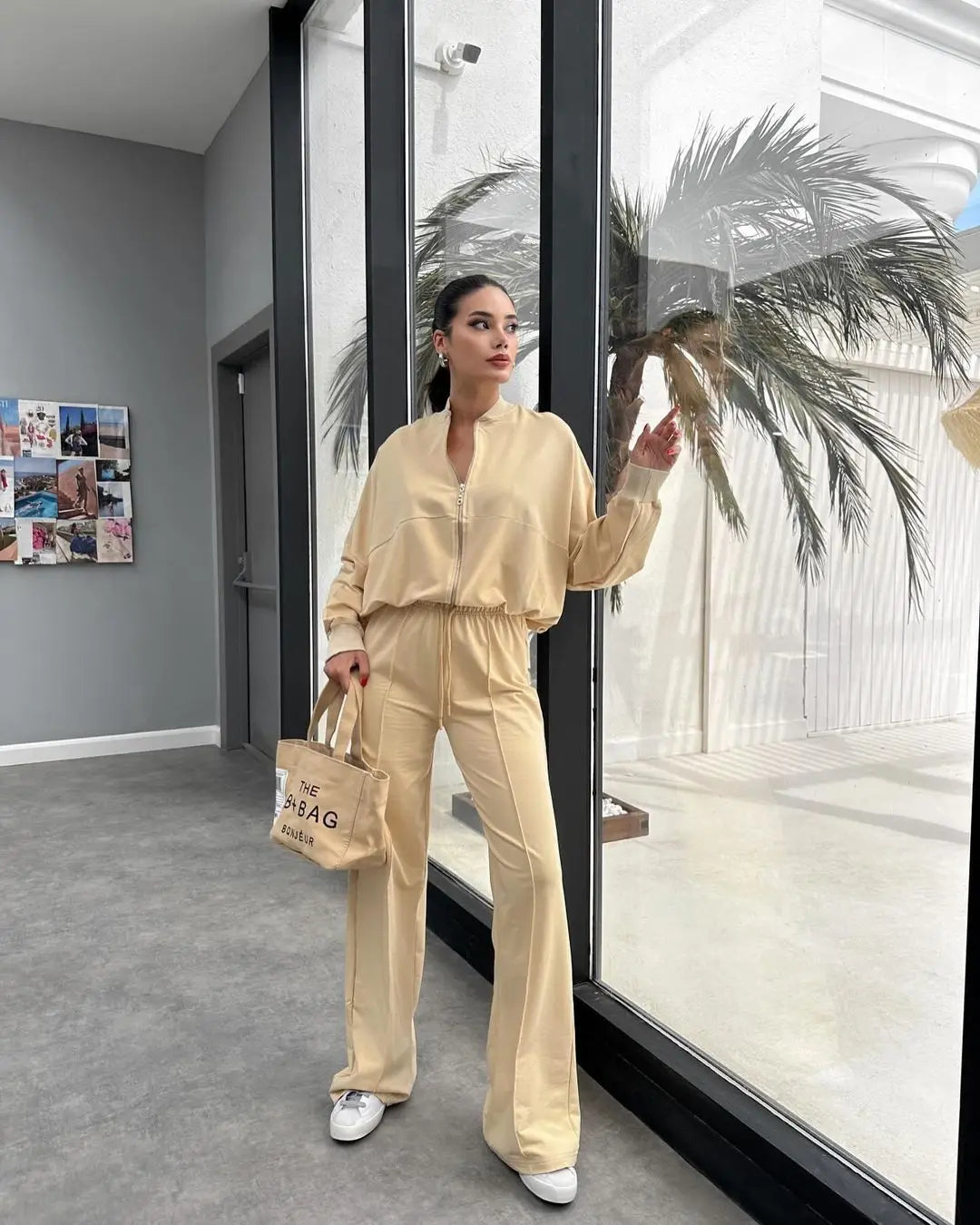 Fashion Women's Suit Zipper Trousers Round Neck Sweatshirt Wide Leg Trousers 2 Piece Set Conjuntos De Pantalón Fall Clothes 2025