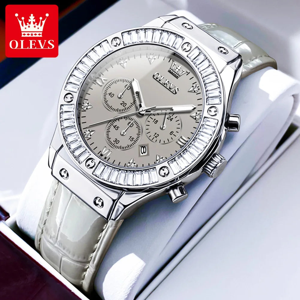 OLEVS 9978 Women Watch Original Quartz Watch Waterproof Leather Strap Multifunctional Chronograph Watch Bracelet Set Gifts Box