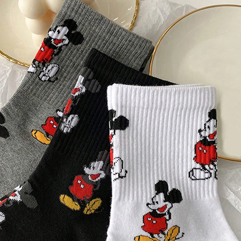 3 Pairs of Exquisite Japanese Cartoon Anime Mickey Pattern Women's Mid Tube Socks Soft and Comfortable Outdoor Casual Socks