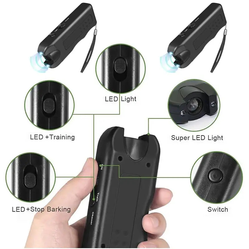 Safe Effective Ultrasonic Dog Repeller Anti-Barking Pet Training Tool Handheld Outdoor Deterrent Chaser with LED for Cats & Dogs
