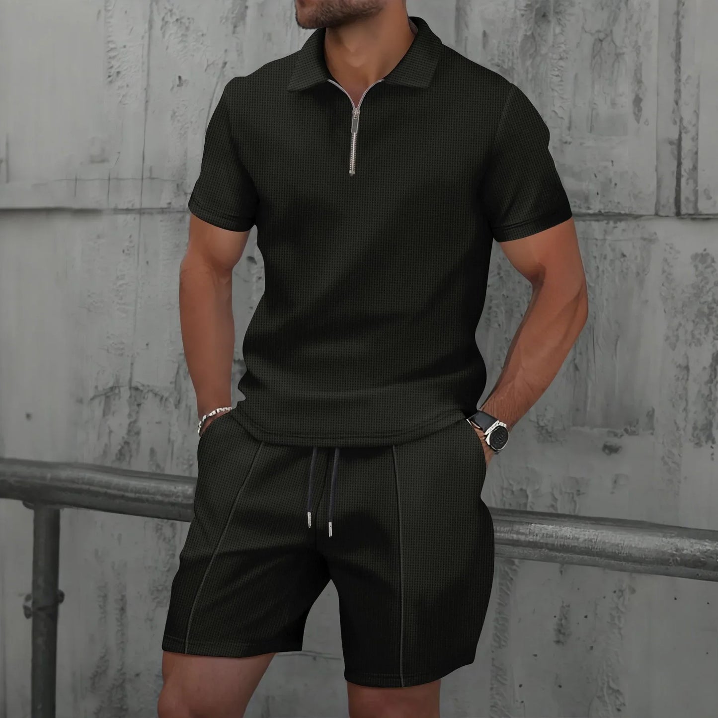 Men's Summer Waffle Short-Sleeve Suit Shorts Zip-Up Lapel Solid Color Two Sets Europe And US Style 2026