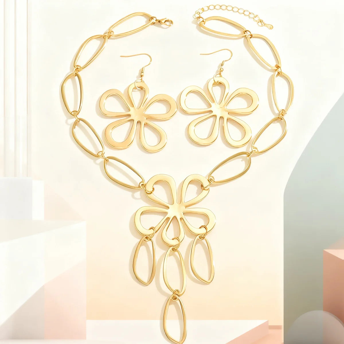 Fashion Metal Geometric Hollow Five Flower Oval Necklace Earrings Set Three-dimensional Large Flower Long Necklace Earrings