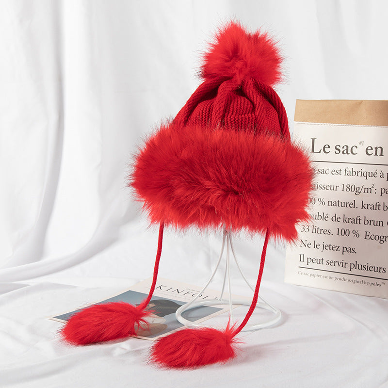 All-match Cute Woolen Knitted Ear Caps Plus Velvet Thick Winter Lei Feng Hat