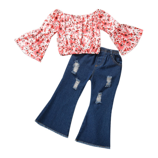 Girls Flared Sleeve Top Denim Trousers 2 Piece Set