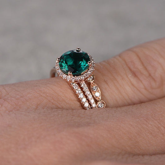 New Product 14k Rose Gold Three-piece Ring With Micro Inlaid Emeralds European And American Engagement Jewelry