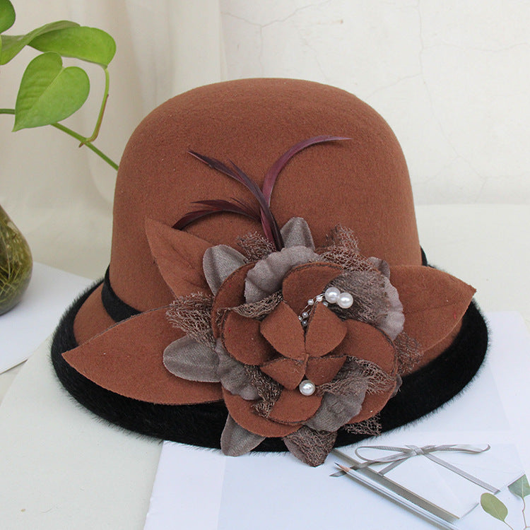 Black Brim Woolen British Feather Flower Top Hat