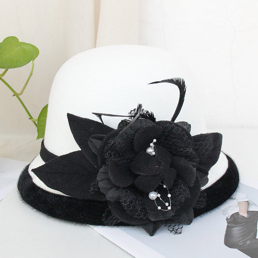 Black Brim Woolen British Feather Flower Top Hat