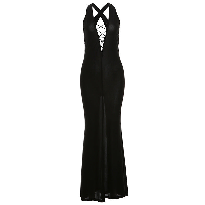 European And American Fashion Solid Color Deep V-neck Backless Sexy Hot Girl High Waist Hip Bag Dress
