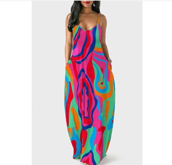 Summer Cool Strap Dress Abstract Face Style Digital Printing Elegant Street Dress