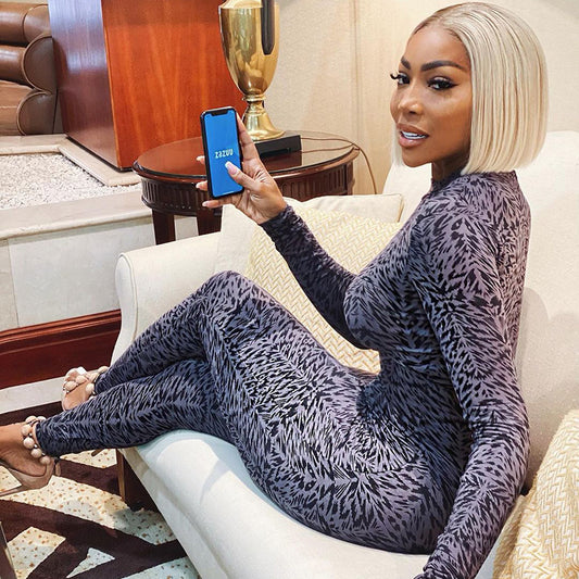 Printed Back Zip Hip Raise Long Sleeve Jumpsuit