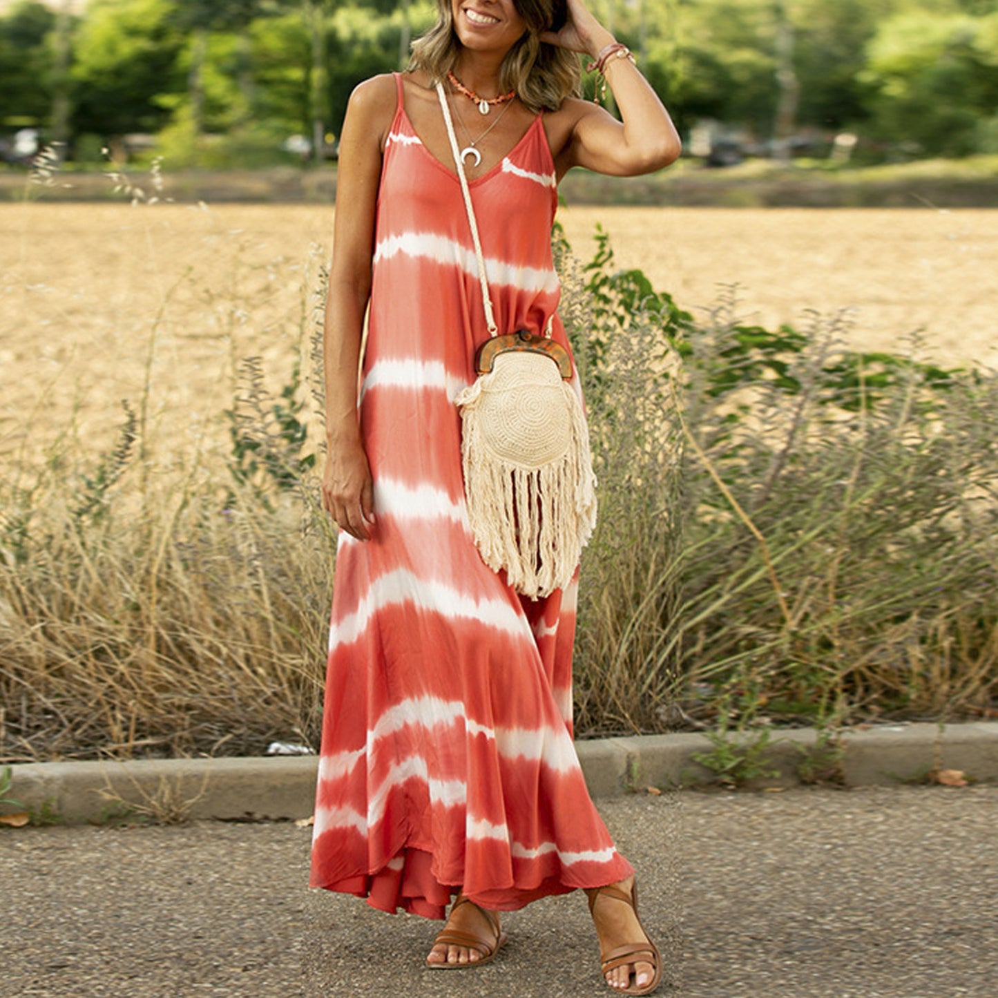 Women's Sexy Orange Printed Striped Plus Size Maxi Loose Dress
