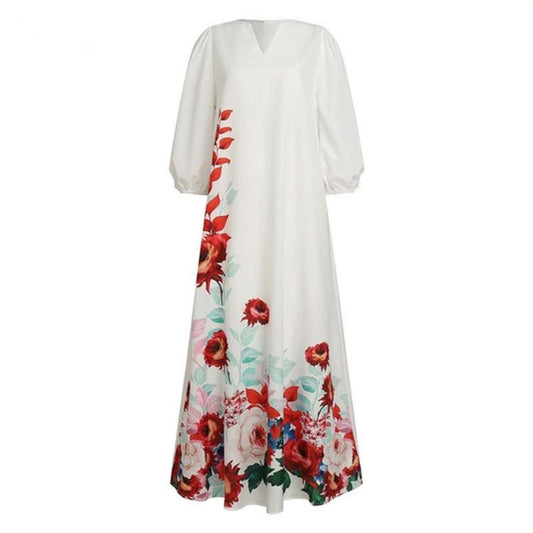 Plus Size Women's Long Skirt V-neck Positioning Flower Puff Sleeve Dress
